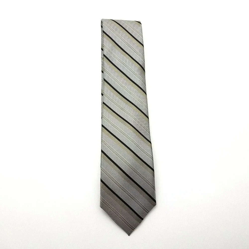 Chaps Slim Mens Tie Black Gray Tan Gold Striped Necktie